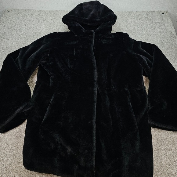 dennis basso Jackets & Blazers - Dennis Basso Womens Black Faux Fur Hooded Coat XL With Original Coat Bag NWOT